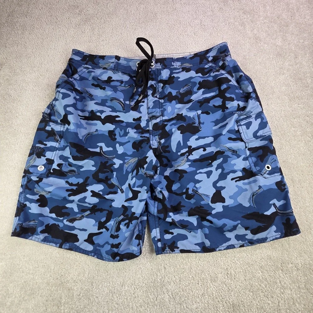 AFTCO Bluewater Board Shorts‎ Mens 38 Blue Camo UPF 50 Stretch Fishing Quick Dry